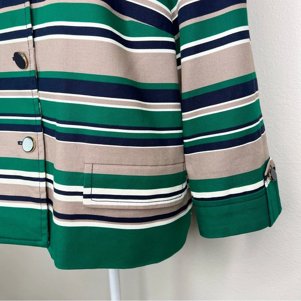 Talbots Navy Blue & Green Striped Cotton Collarless 3/4 Sleeve Blazer Jacket - Picture 4 of 11